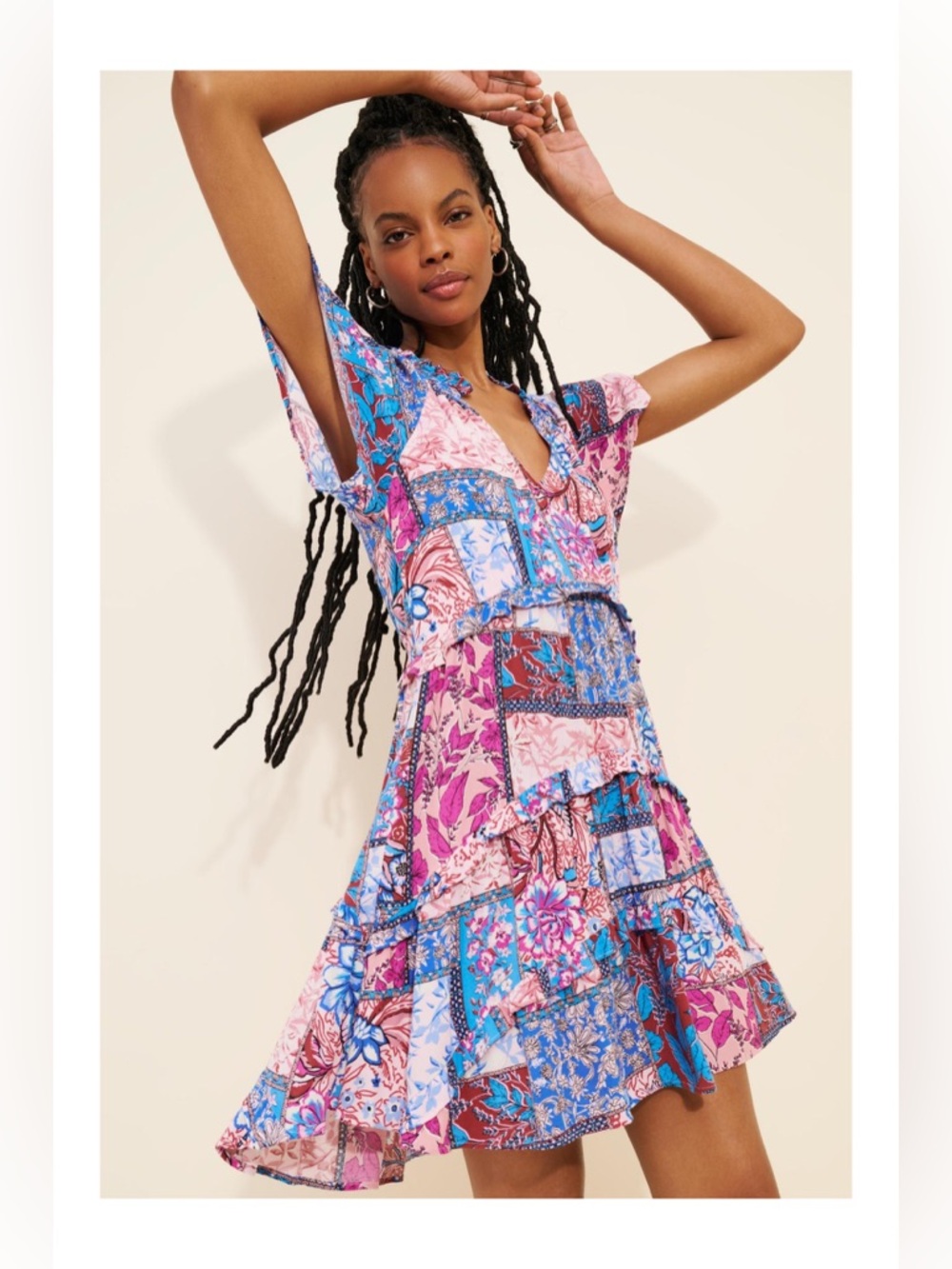 Anthropologie Robin Tiered Patchwork Mini Dress size S 100% viscose flowy boho